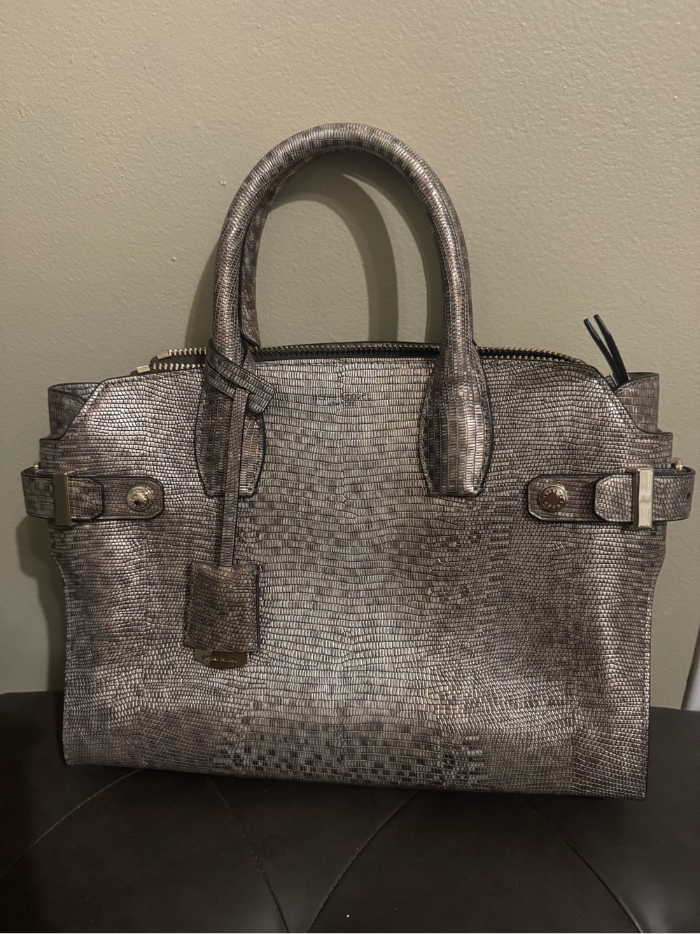 henri bendel Metallic Silver Textured Top-Handle Satchel